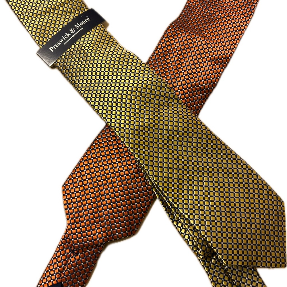 Preswick & Moore Tie Set: Gold/Black & Orange/Black (Mini trian. patterns) NWT